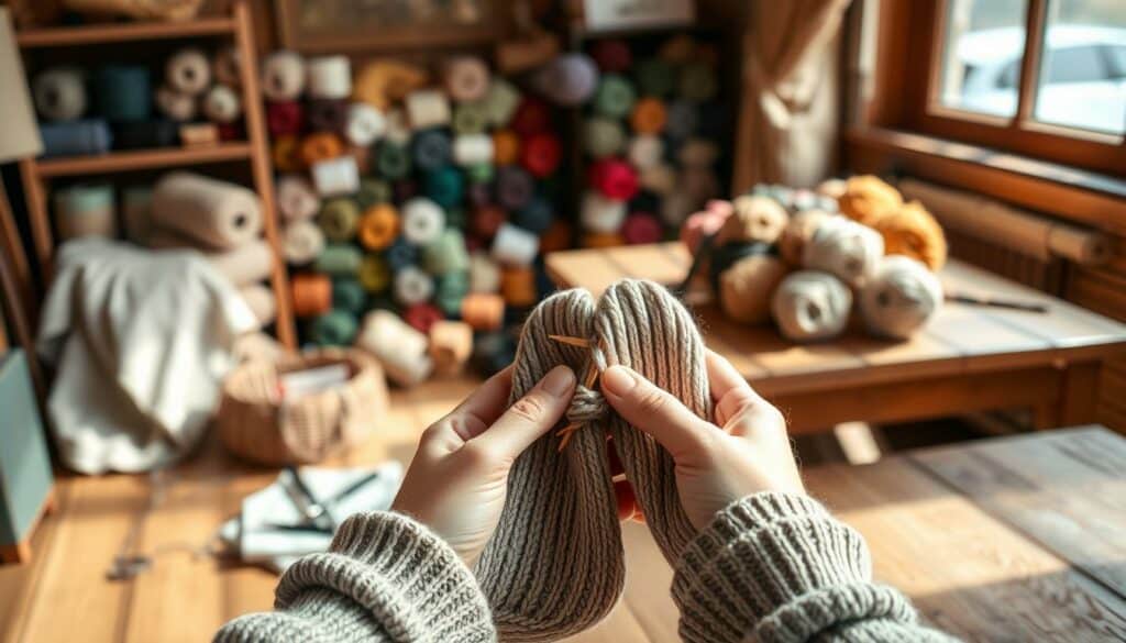 A cozy studio setting with natural lighting and a warm, inviting atmosphere. In the foreground, a pair of hands carefully knitting a pair of toe-up socks, the needles moving with precision. The socks are in a neutral, earthy color palette, reflecting the classic aesthetic of hand-knitted accessories. In the middle ground, an array of yarn spools in various hues, neatly organized, hinting at the process of creating these socks. The background features a rustic wooden table, perhaps a cozy window overlooking a serene outdoor scene, adding to the sense of tranquility and focus. The overall tone is one of mindfulness, skill, and the joy of the handcrafted.
