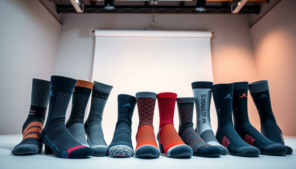 A curated display of the top wandersocken (hiking socks) brands, showcased in a well-lit, minimalist studio setting. In the foreground, various pairs of high-quality, technical hiking socks are neatly arranged, their textures and colors emphasizing their quality and performance. The middle ground features a clean, white backdrop, allowing the socks to take center stage. In the background, a soft, warm lighting illuminates the scene, creating a sense of professionalism and attention to detail. The overall composition and styling convey the expertise and care that goes into selecting the best hiking socks for outdoor adventures.