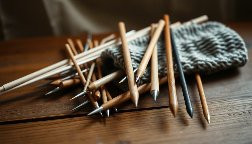 A still life scene of various knitting needles arranged on a wooden table, with a cozy, textured background. The needles range in size from thin, delicate needles to thicker, more robust ones, all in a variety of materials such as metal, wood, and bamboo. The lighting is soft and diffused, creating a warm, inviting atmosphere. The composition is balanced, with the needles placed in an aesthetically pleasing arrangement, hinting at their intended use for knitting socks. The overall mood is one of craftsmanship, attention to detail, and the pleasure of the handmade.
