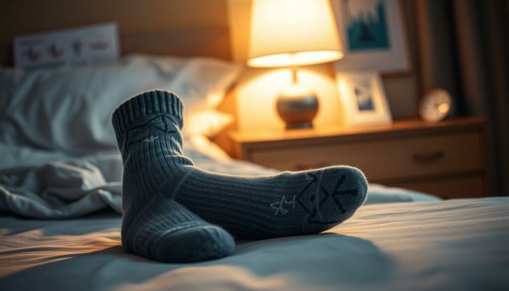 Wissenschaftliche Studien Socken Schlaf: A serene, dimly lit bedroom scene with a pair of cozy gray wool socks resting on a wooden nightstand. The socks are adorned with subtle stitched academic symbols, hinting at the scientific research they represent. Soft, warm lighting casts a mellow glow, creating an atmosphere of contemplation and well-being. In the background, blurred medical research papers and charts suggest the scholarly context. The composition emphasizes the socks as the focal point, conveying a sense of the importance of this simple, everyday item in the pursuit of healthy sleep habits backed by empirical evidence.